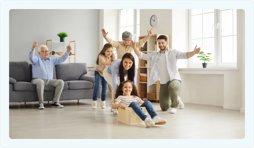 Family posing for photo on new vinyl flooring