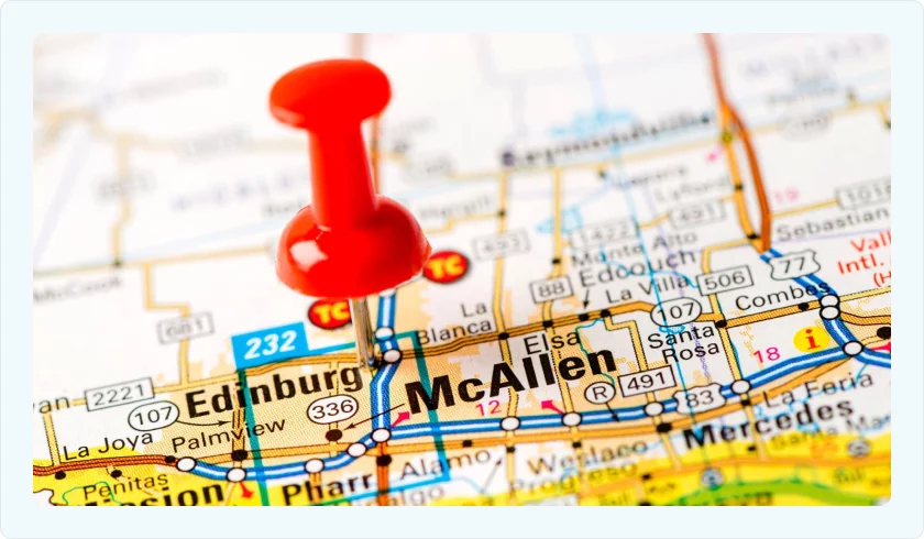 Map of McAllen Texas with an icon for CRT Flooring showroom